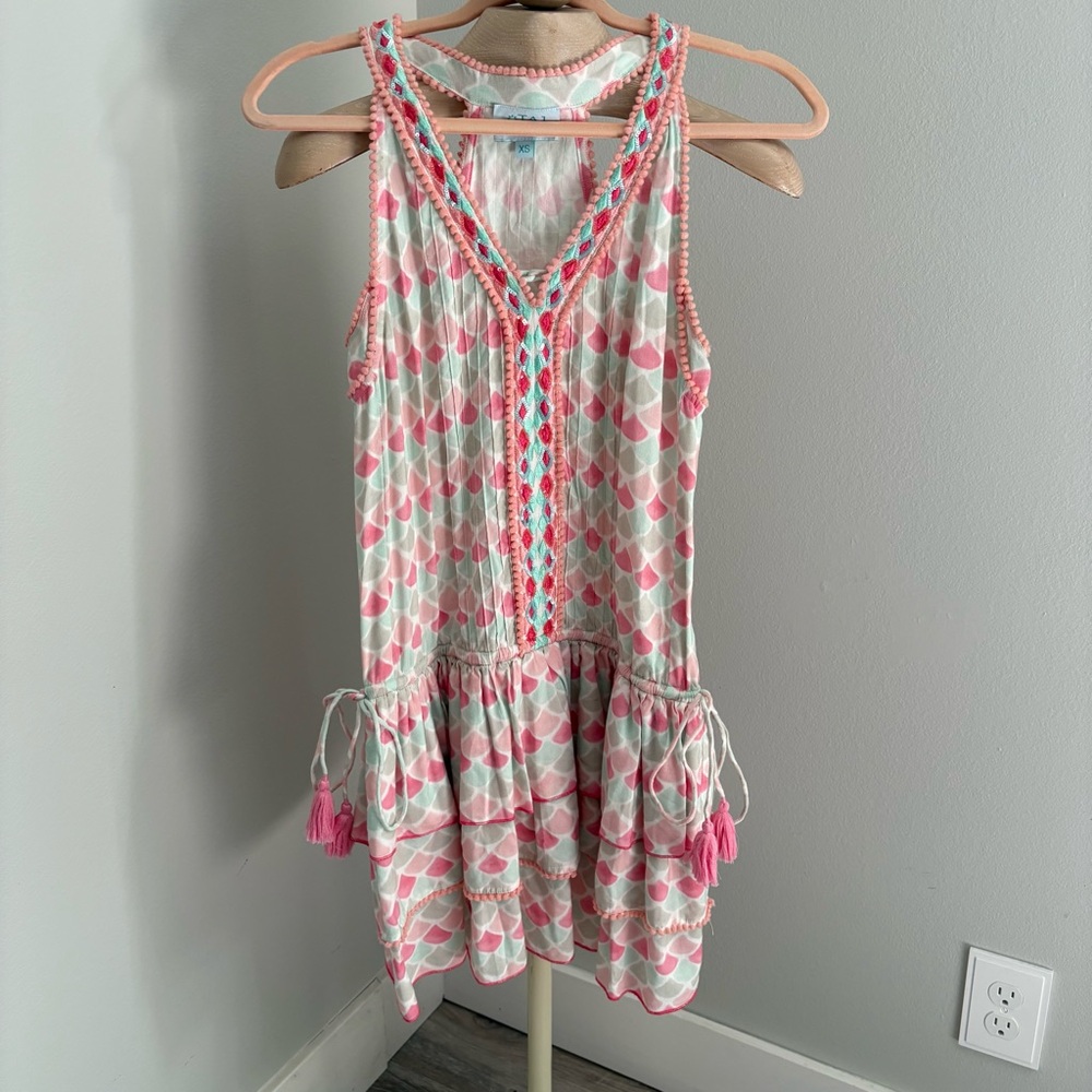 TAJ by Sabrina Crippa resort Boho Flowy Oversized Short‎ Dress blue Pink Sz XS